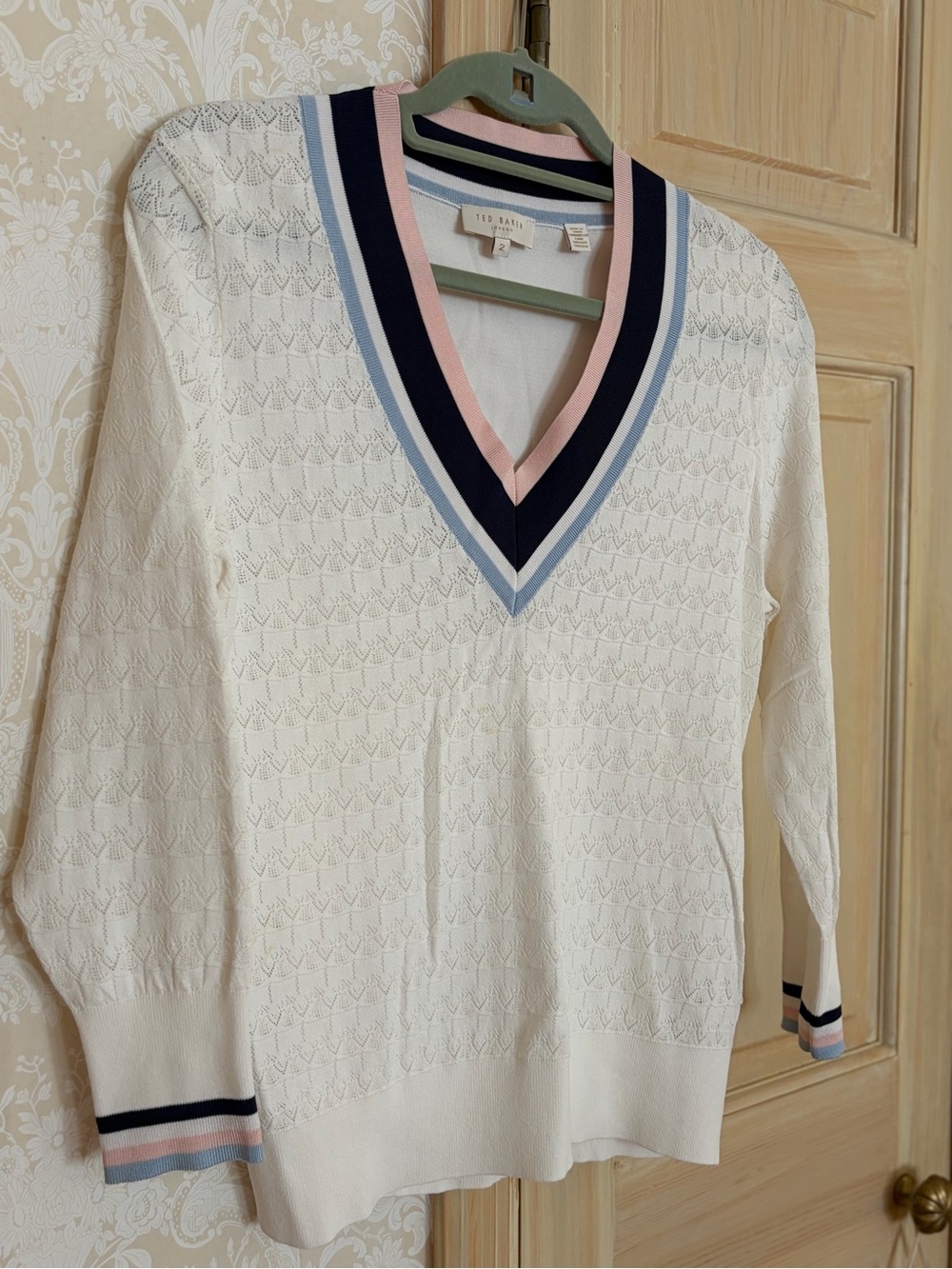Ted Baker Ivory V-Neck Sweater with Navy, Light Blue & Pink Trim